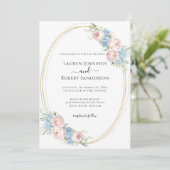 Elegante blauwe roze bloemen bruiloft kaart (Staand voorkant)