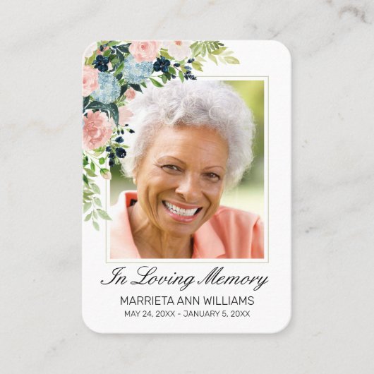 Elegante Blauwe Roze Roze Bloemen Foto Memorial Ka Visitekaartje (Voorkant)