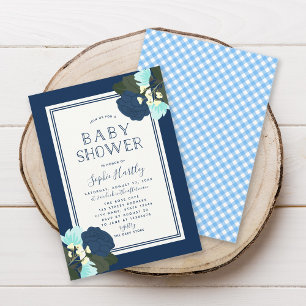 Elegante Blauwe Rozen Bloemige Baby Shower Uitnodi Kaart