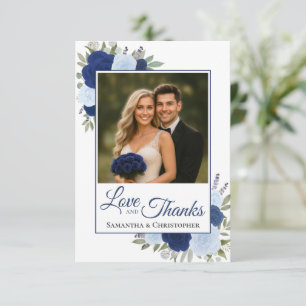 Elegante Blauwe Rozen Liefde & Dank Trouwfoto Bedankkaart