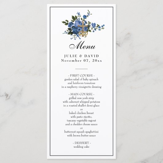 Elegante Blauwe Rozen Trouwen Religieus Menu (Voorkant)