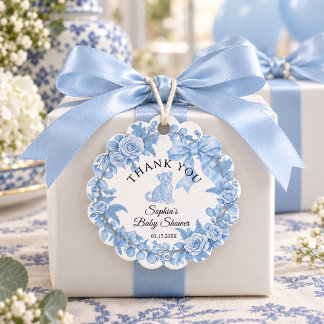 Elegante Blauwe Safari Toile de Jouy Baby Shower Bedankjes Labels