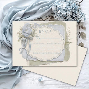 Elegante Blauwe Salie Bloemige Vintage Trouwdag RSVP Kaartje