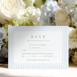 Elegante Blauwe & Salie Gestreepte Trouw RSVP Kaartje