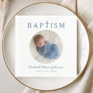 Elegante Blauwe Schrift Foto Doop Servet