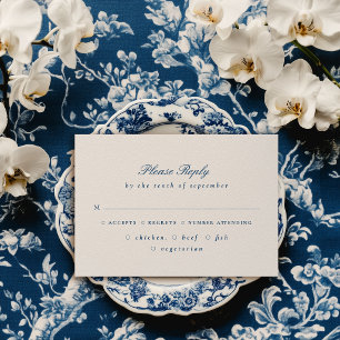 Elegante Blauwe Script Bloem Crest Trouw RSVP Kaartje