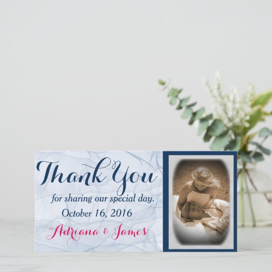 Elegante blauwe script trouwfoto Dank u kaarten (Staand voorkant)