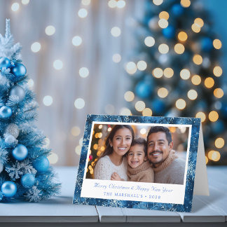 Elegante Blauwe Sneeuwvlokken Kerstmis Foto Feestdagen Kaart