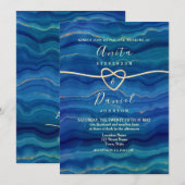 Elegante Blauwe Strandgolf Gouden Trouw Kaart (Voorkant / Achterkant)