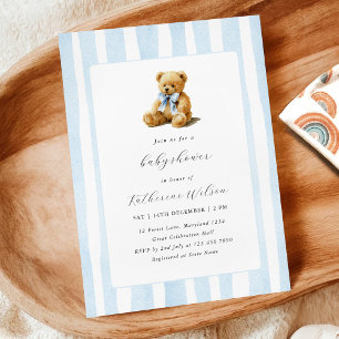 Elegante Blauwe Strepen Teddybeer Baby Shower Kaart