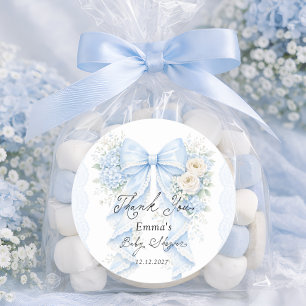 Elegante Blauwe Strik Antieke Baby Shower Bedankt Ronde Sticker