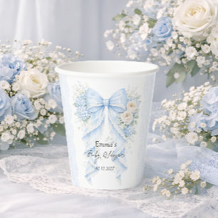 Elegante Blauwe Strik Bloemige Baby Shower Papieren Bekers