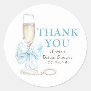 Elegante Blauwe Strik Prosecco Bruidsfeest Bedankt Ronde Sticker