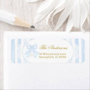 Elegante blauwe strik strepen kant etiket
