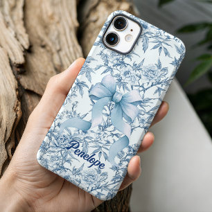 Elegante blauwe strik toile de jouy bloemendruk mo iPhone 16 pro hoesje