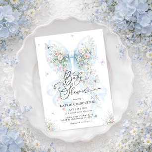 Elegante Blauwe Strik Wilde Bloem Baby Shower Kaart