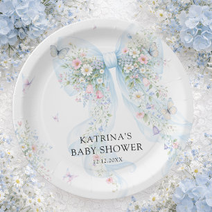Elegante Blauwe Strik Wilde Bloem Baby Shower Papieren Bordje