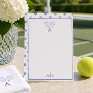Elegante blauwe tennis polka stip monogram set notitiekaartje