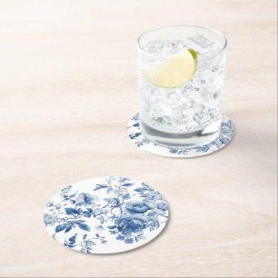 Elegante blauwe toile chinoiserie bruidsdouche ronde kartonnen onderzetter
