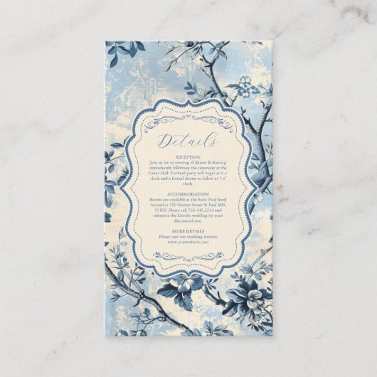 Elegante blauwe Toile de Jouy bruiloft Informatiekaartje (Voorkant)