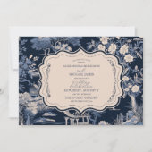 Elegante blauwe Toile de Jouy bruiloft Kaart (Voorkant)