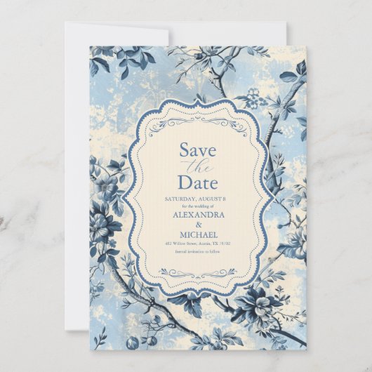 Elegante blauwe Toile de Jouy bruiloft Save The Date (Voorkant)
