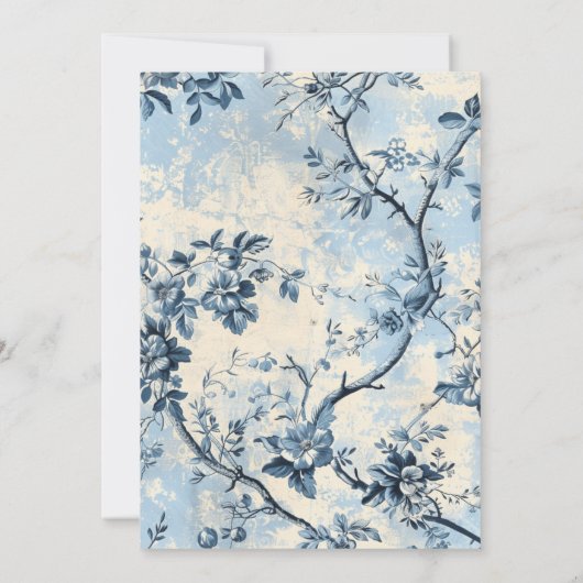 Elegante blauwe Toile de Jouy bruiloft Save The Date (Achterkant)