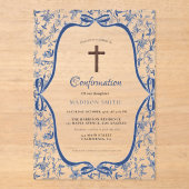 Elegante Blauwe Toile de jouy doop Acryl Uitnodigingen (Voorkant)