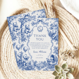 Elegante blauwe toile teddybeer babyshower bedankkaart