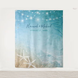 Elegante blauwe turquoise aquarel strand huwelijks wandkleed