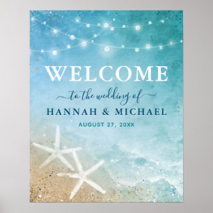 Elegante Blauwe Turquoise Waterverf Strand Welkomf Poster
