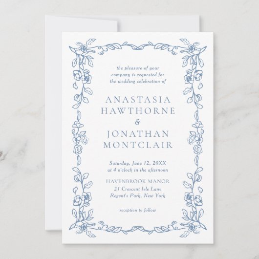 Elegante Blauwe Victoriaans QR Code RSVP bruiloft Kaart (Voorkant)