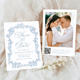 Elegante Blauwe Victoriaanse Bloemencode QR Trouwd Save The Date