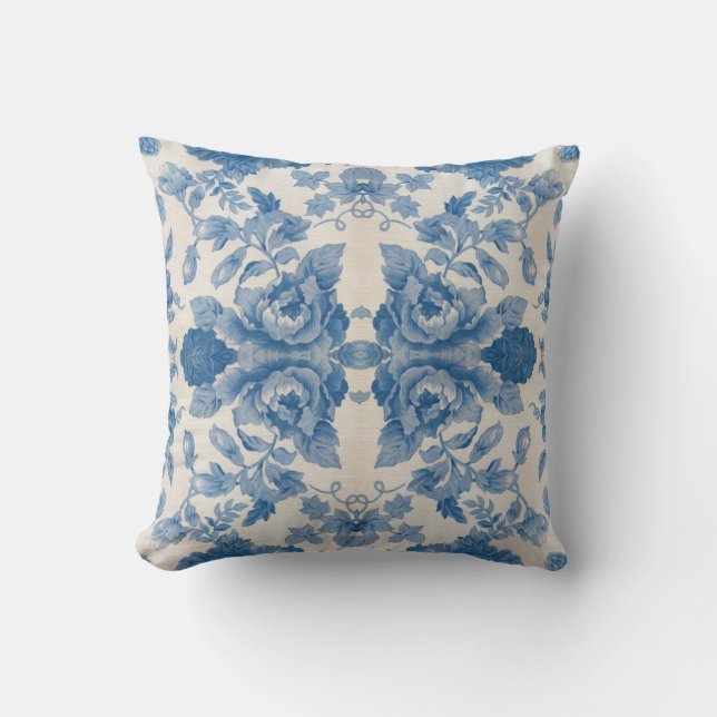 Elegante blauwe vintage bloemmotief kussen (Voorkant)
