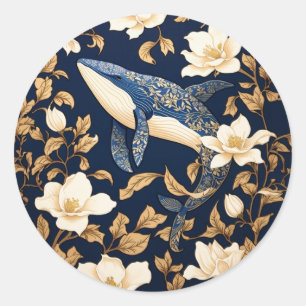 Elegante blauwe vinvis William Morris Geïnspireerd Ronde Sticker