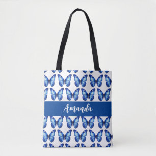 Elegante Blauwe Vlinder Patroon Naam Draagtas