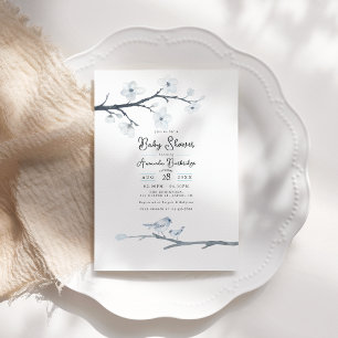 Elegante Blauwe Vogel en Kersenbloesem Baby Shower Kaart