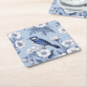 Elegante Blauwe Vogel en Wit Bloempatroon Vierkante Kartonnen Onderzetter