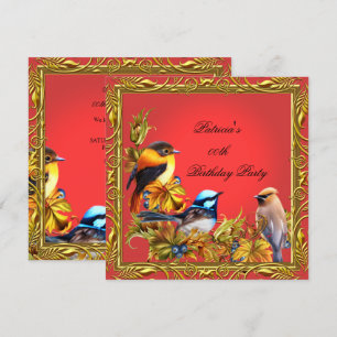 Elegante Blauwe Vogel Rood Gouden Verjaardagsfeest Kaart