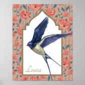 Elegante Blauwe Vogel Sparrow Poppies Custom Wall Poster (Voorkant)