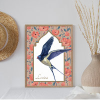 Elegante Blauwe Vogel Sparrow Poppies Custom Wall 