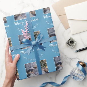 Elegante Blauwe Vrolijk Kerst Script Familie Foto Cadeaupapier