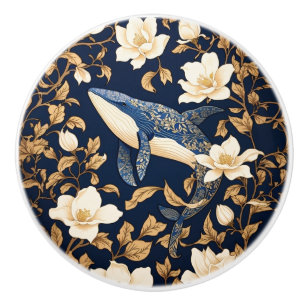 Elegante Blauwe Walvis William Morris Geïnspireerd Keramische Knop