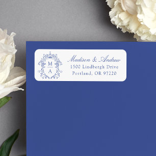 Elegante Blauwe Wapen Monogram Huwelijks Retouradr Etiket