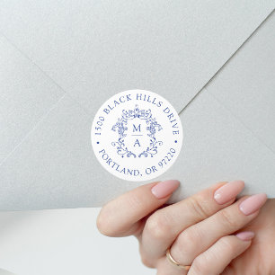 Elegante Blauwe Wapen Wedding Retouradres Ronde Sticker