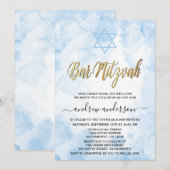 Elegante Blauwe Waterverf Bar Mitswa Kaart (Voorkant / Achterkant)