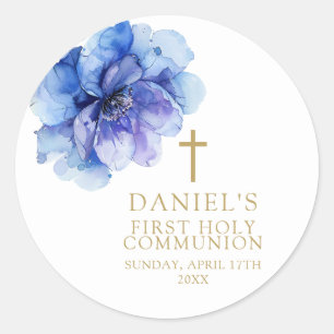 Elegante Blauwe Waterverf Bloemen Heilige Communie Ronde Sticker