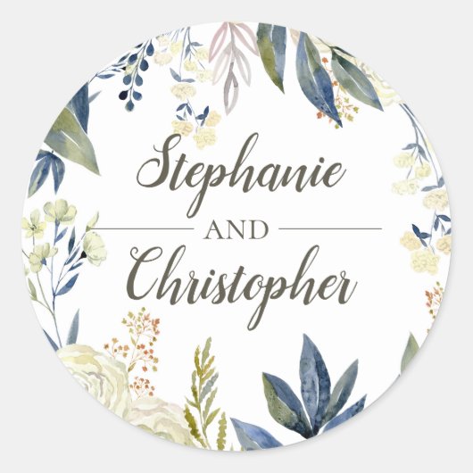 Elegante Blauwe Waterverf Bloemenvelop Afdichting  Ronde Sticker (Voorkant)