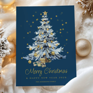 Elegante Blauwe Waterverf Kerstboom Feestdagenkaart