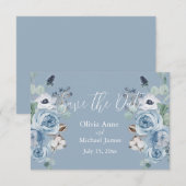 Elegante Blauwe & Witte Bloemrijke Script Save The Date (Voorkant / Achterkant)